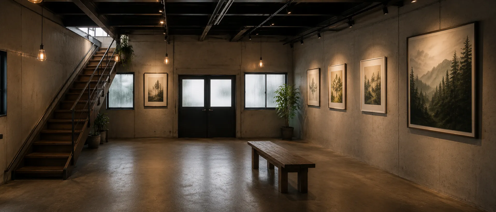 コンクリート壁に作品が並ぶ展示空間
