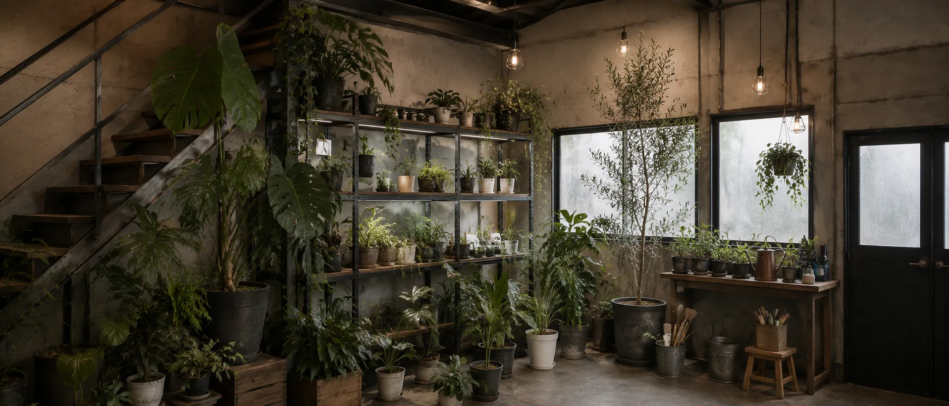 工場の棚に並ぶ観葉植物と鉢